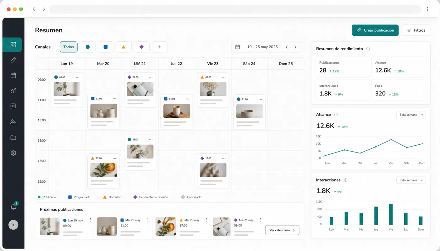 Mockup de un panel de redes con calendario de publicaciones, métricas e informe semanal